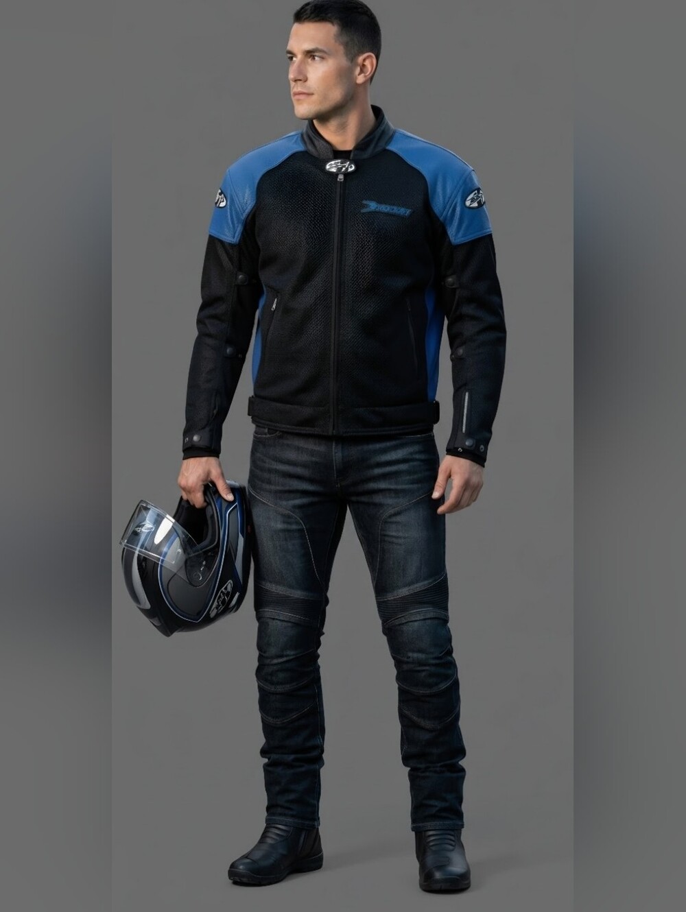 Joe Rocket Mesh Leather Motorcycle Jacket Mens L Blue/Black Armor Touring EUC